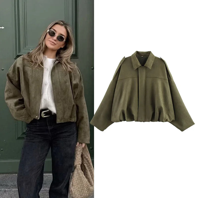 Women's Vintage Bomber Jacket Coat – Turn-Down Collar Long Sleeve Loose Fit Chic Fashion Outerwear