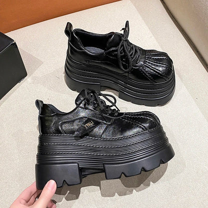 2025 Women’s Leather Sneakers – Spring High Platform Lace-Up Casual Shoes, 10CM Thick Sole Walking Zapatos Mujer