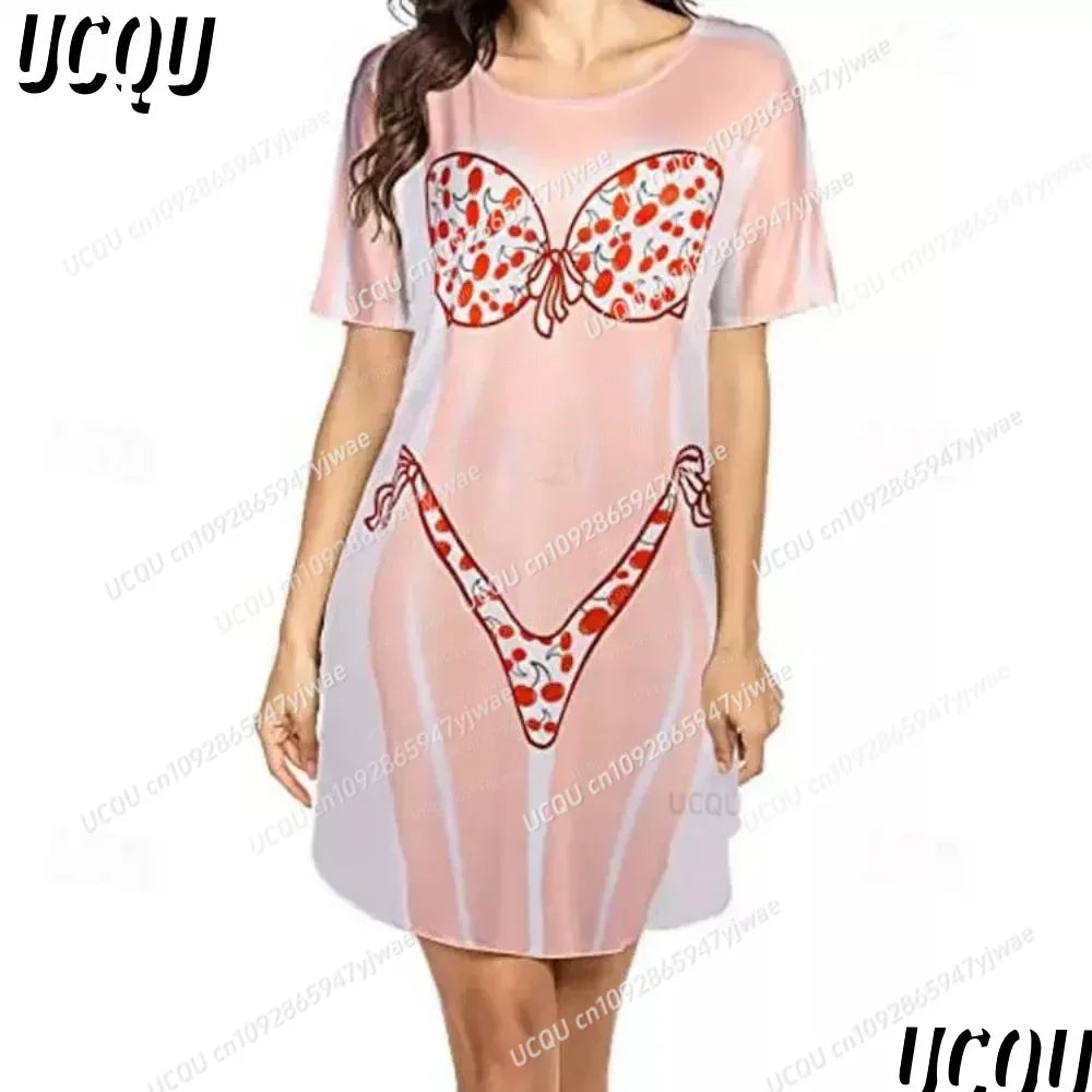 Women's 3D Bikini Print T-Shirt Dress - Casual Short Sleeve Summer Sleep & Home Dress