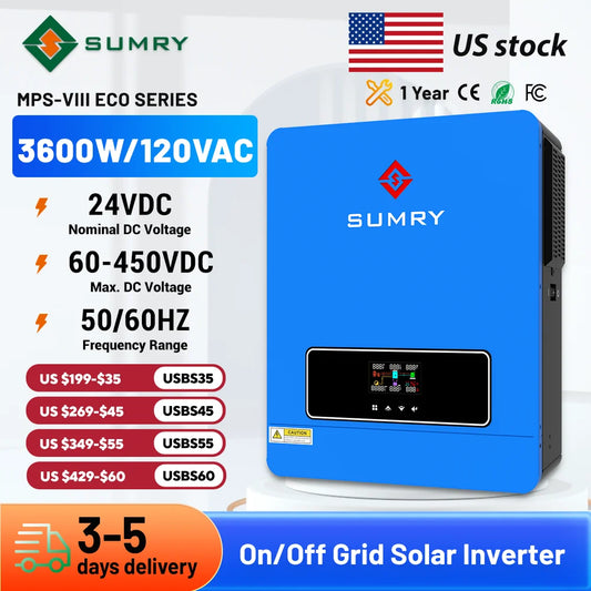 Sumry 3.6kW Hybrid Solar Inverter 24V – Dual Output 110/120V, 120A MPPT, Pure Sine Wave for Home