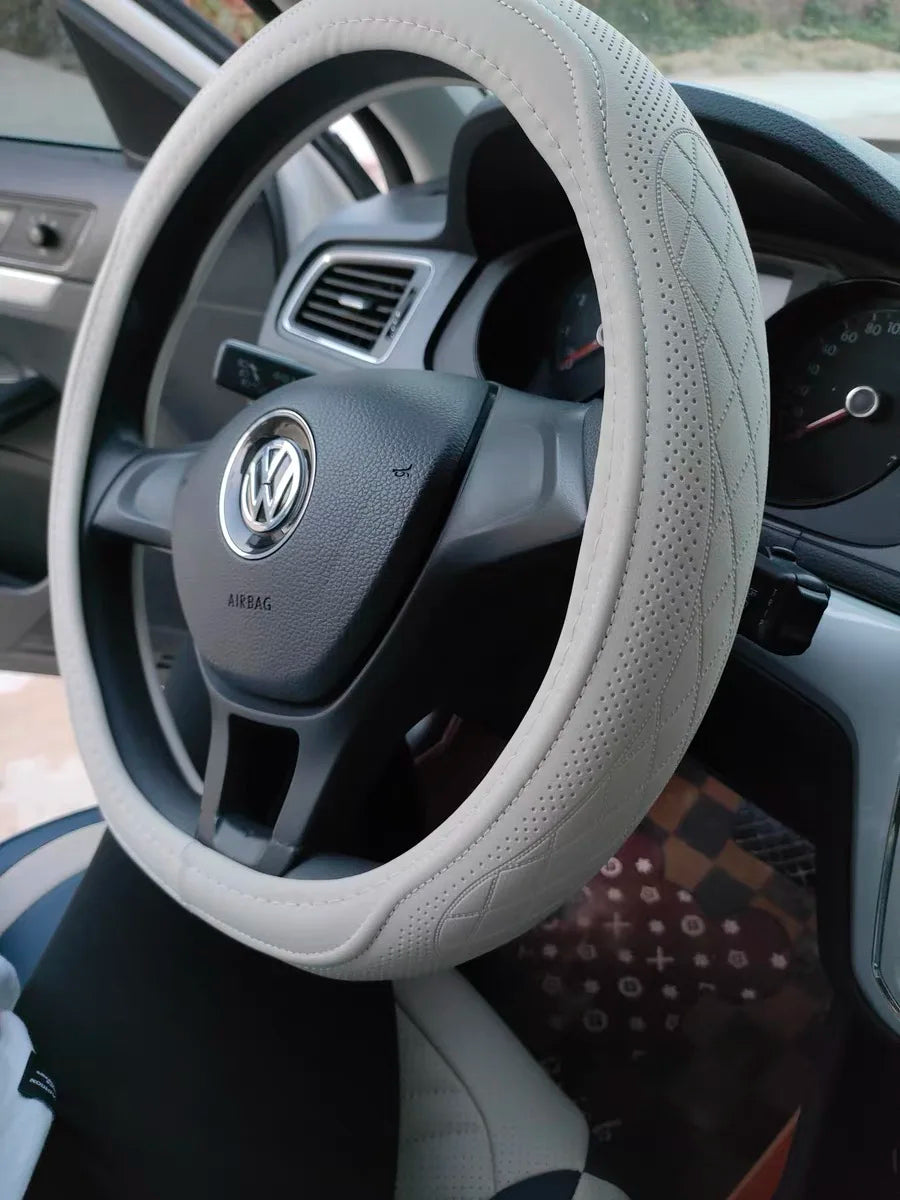 Napa Leather Perforated Patchwork Steering Wheel Cover - Non-slip & Breathable, Universal 15 Inch (38cm)