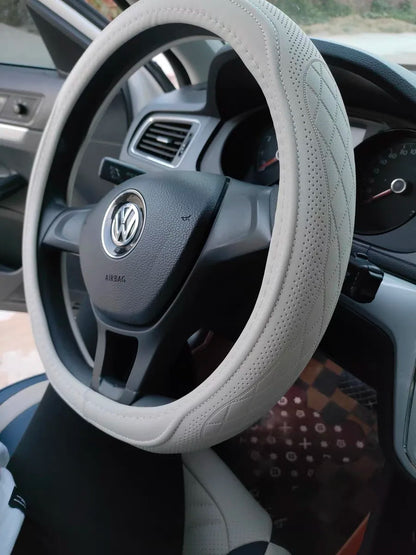 Napa Leather Perforated Patchwork Steering Wheel Cover - Non-slip & Breathable, Universal 15 Inch (38cm)