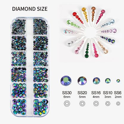12-Grid 3D Glass AB Crystal Nail Art Rhinestones Kit – Flatback Round Beads with Tools for Nail Jewelry & Diamond Decoration
