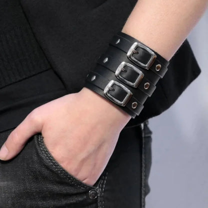 New Vintage Leather Wristband Bracelet – Gothic Punk Cuff with Concealed Buckle, Adjustable Metal Armbands for Men