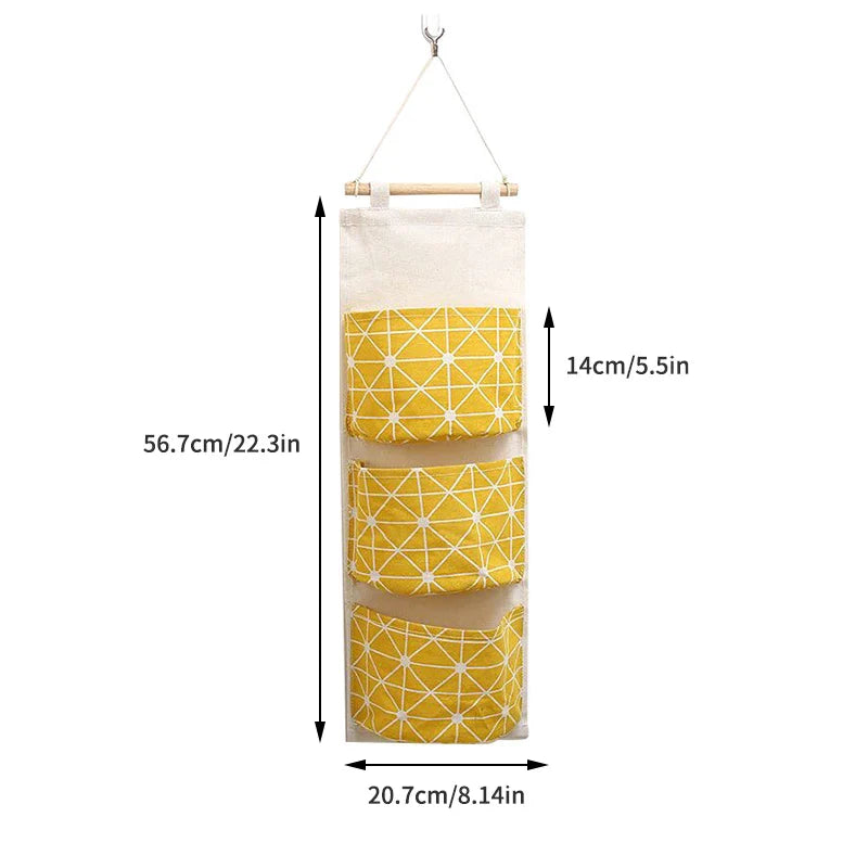 Three-Pocket Hanging Wall Storage Bag – Cotton Linen Organizer for Bedroom, Living Room & Kitchen