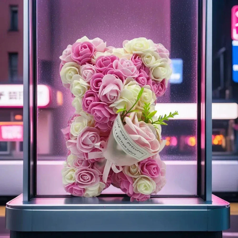 Artificial Rose Bear with Hand Corsage – Romantic Gift for Valentine’s Day, Birthdays, Weddings & Mother’s Day