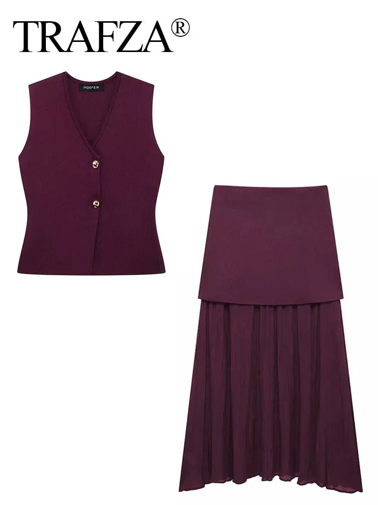 TRAFZA 2025 Women’s Wine Red Skirt Set – Knitted V-Neck Vest with High Waist Zipper Patchwork Long Skirt