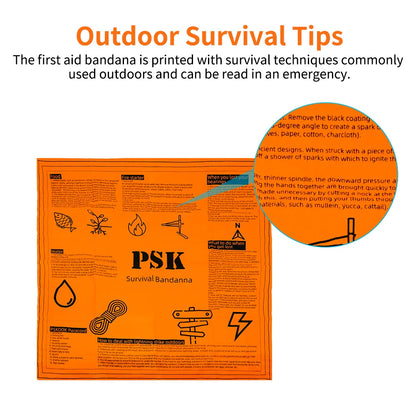 Survival Bandana - Heavy Duty Construction with Easy-to-Read Tips, High-Visibility Orange for Backpacking, Camping, Hiking, and Emergency Use