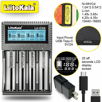 LiitoKala Lii-CH4 Smart Battery Charger – 4-Slot Fast USB-C Charging for 18650/21700/26650/AA/AAA Ni-MH & Li-Ion with Auto Detect