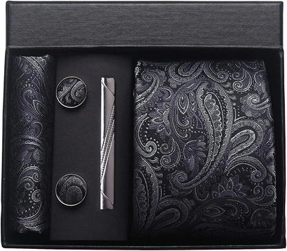 100% Silk Paisley Floral Necktie Set for Men - Premium Business Tie with Pocket Square Tie Clip Cufflinks Gift Box