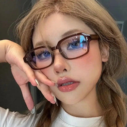 Retro Square Oval Blue Light Glasses – Thick Red Frame Korean Fashion Eyewear for Women