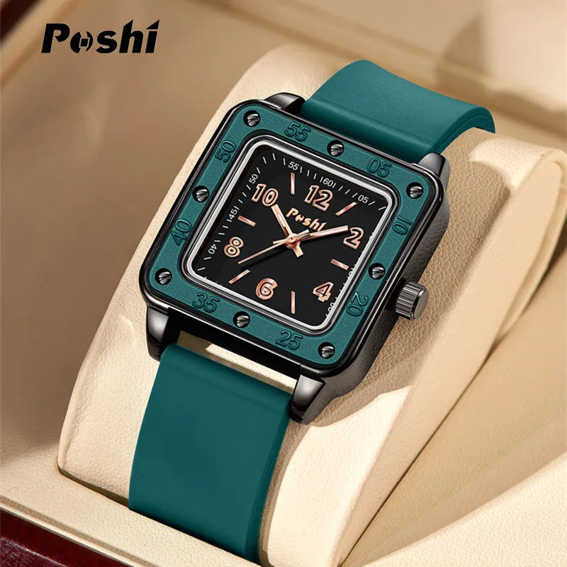 POSHI Women's Fashion Quartz Watch - Casual Wristwatch with Silicone Strap, Green Dial, Business Montre Femme