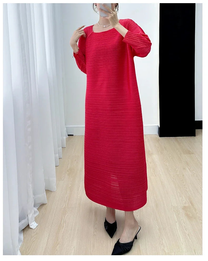 2023 Women's Miyake Pleated Long Dress – Full Sleeve, Round Neck, Korean Fashion, Plus Size Summer Style