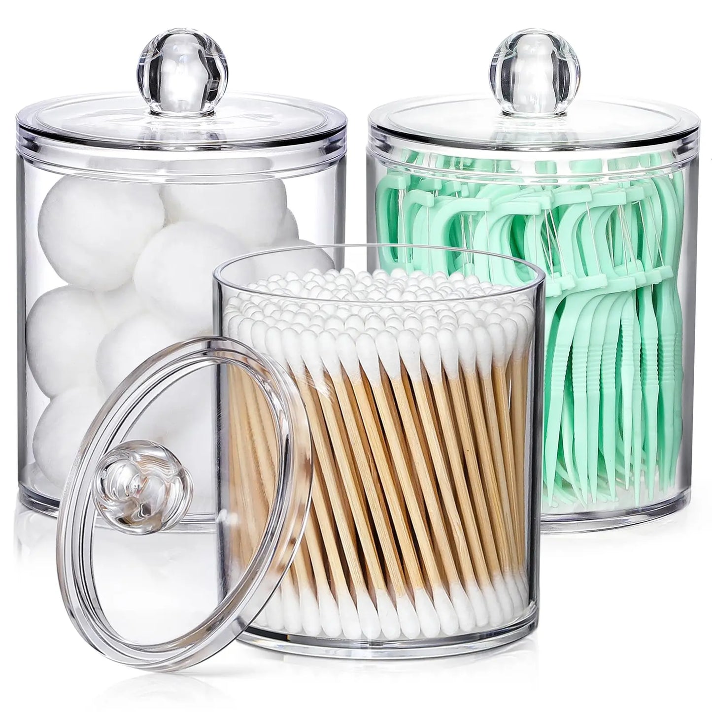 4-Pack Acrylic Q-tip Holder Dispenser – Clear Vanity Organizer for Cotton Swabs, Balls, Pads, and Floss Picks