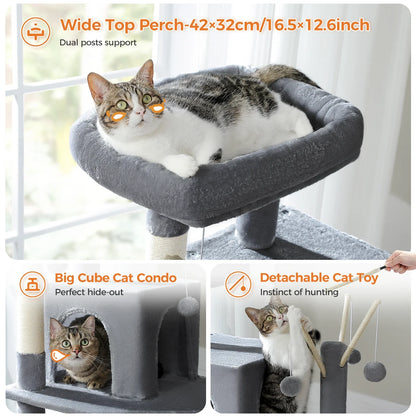 Large Cat Tree Tower – Multi-Level Plush Indoor Cat Condo with Scratching Posts, Boards, Perches & Caves