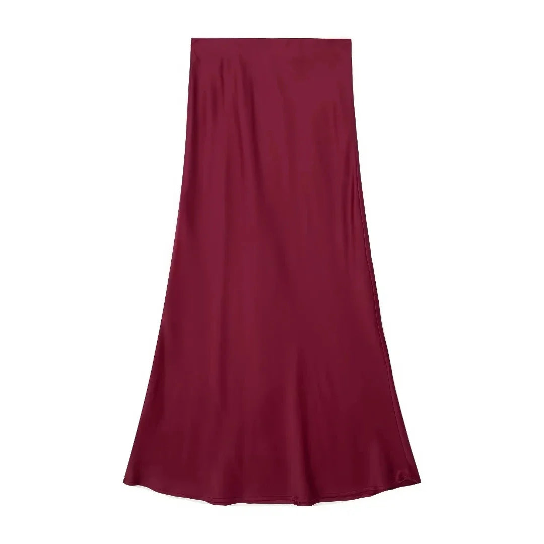 TRAFZA 2024 Y2K Women’s Long Skirt – Elastic High-Waist A-Line Satin Skirt for Spring Casual & High Street Fashion