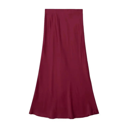 TRAFZA 2024 Y2K Women’s Long Skirt – Elastic High-Waist A-Line Satin Skirt for Spring Casual & High Street Fashion