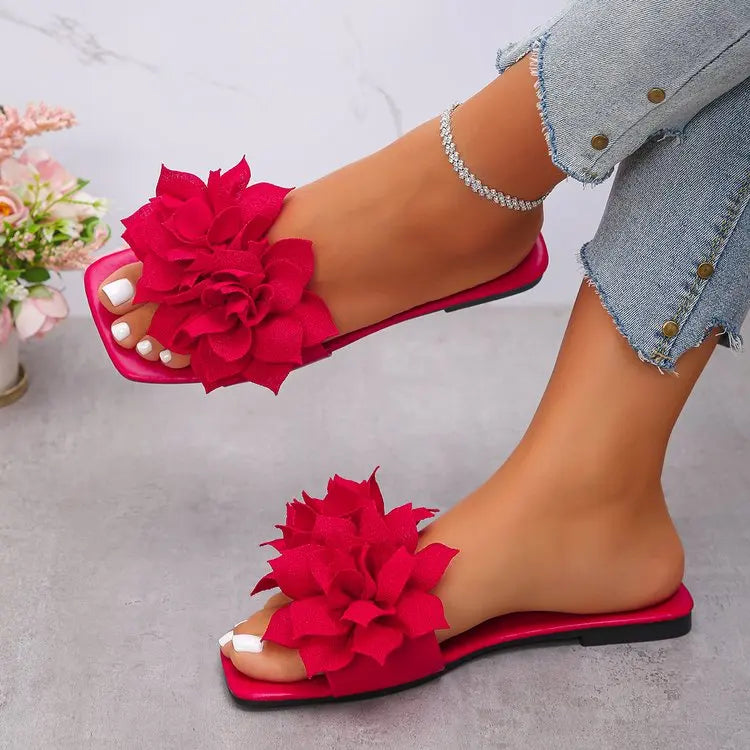 Women's Floral Flat Slippers - Solid Color Open-Toe Summer Beach Slides