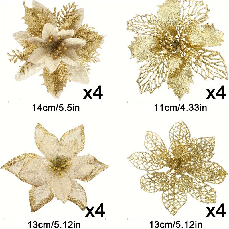 8/16PCS Christmas Decoration Set – Glitter Artificial Flowers for Tree, Home Decor, Xmas Ornaments, and New Year Decoration