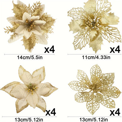 8/16PCS Christmas Decoration Set – Glitter Artificial Flowers for Tree, Home Decor, Xmas Ornaments, and New Year Decoration