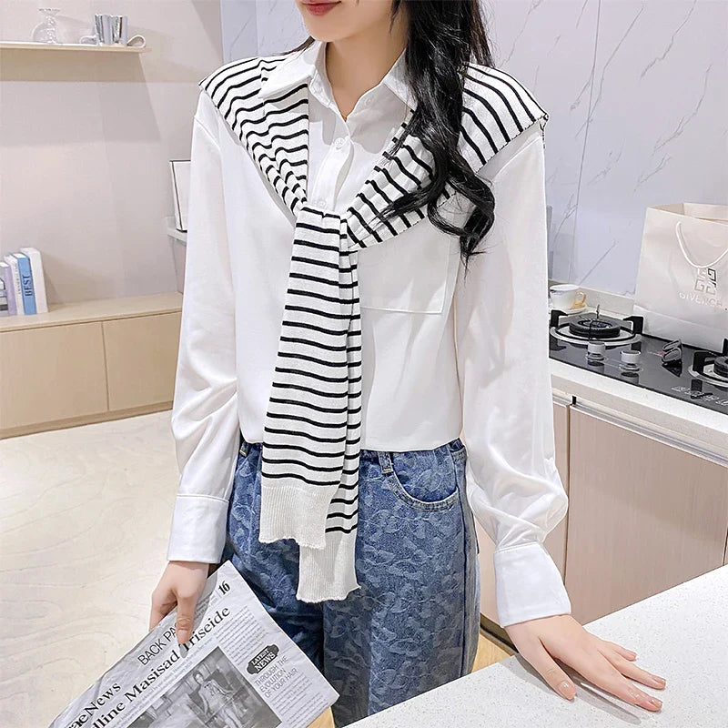 Striped Knitted Shawl Scarf – Warm Winter Cape with Fake Collar for Women