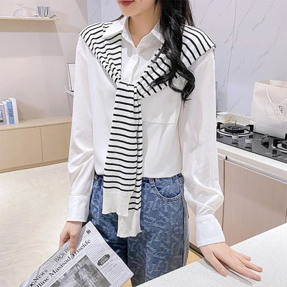 Striped Knitted Shawl Scarf – Warm Winter Cape with Fake Collar for Women