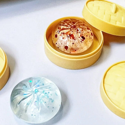 Crystal Mini Dumpling & Steamed Bun Squishy Set - Soft Squeeze Stress Relief Fidget Toys with Steamer, Party Favors & Gifts