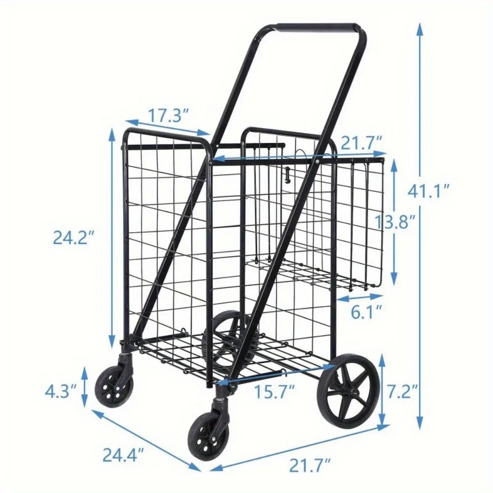 Foldable Shopping Cart with Wheels — Durable Black Utility Basket Trolley for Market & Home Use
