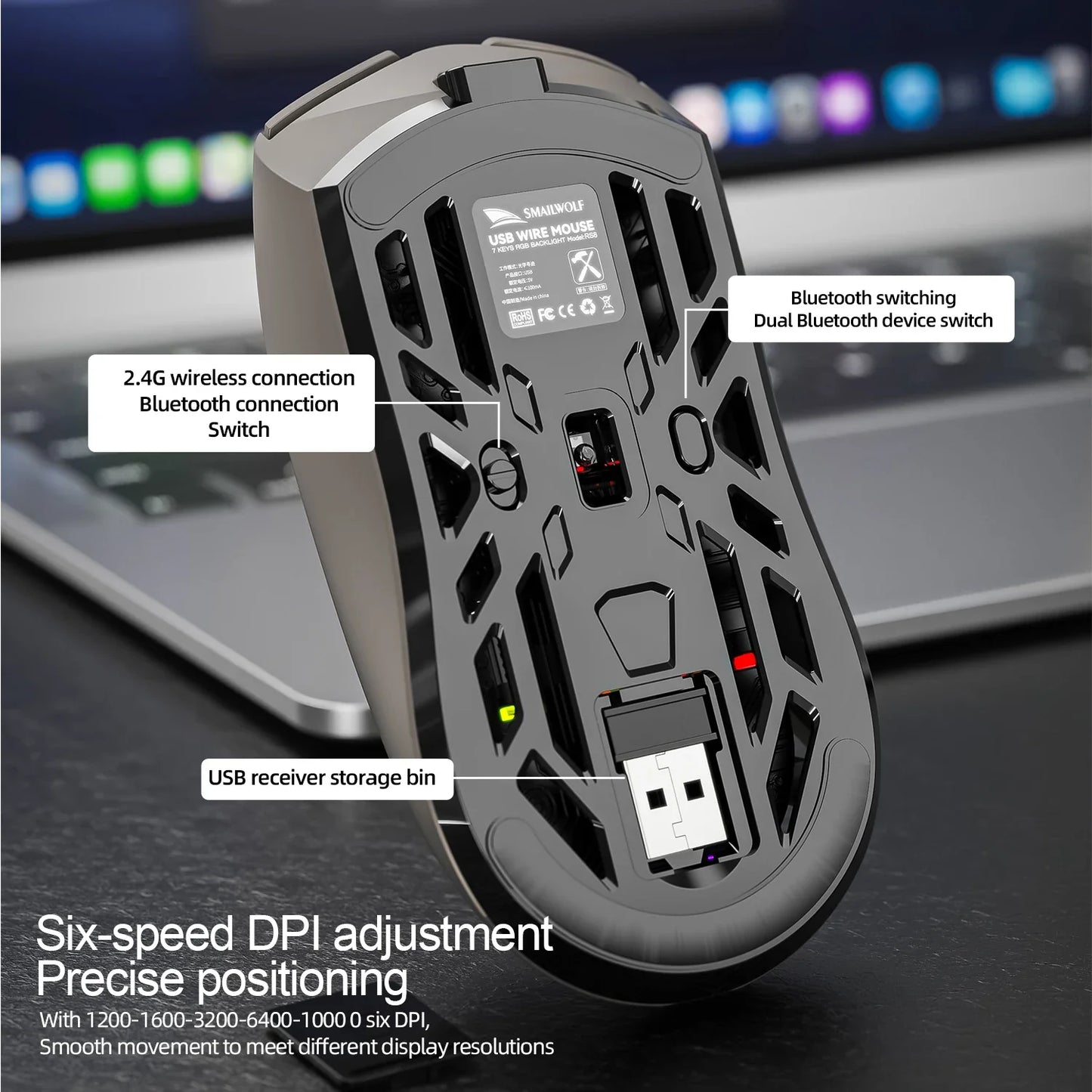 SmailWolf RS8 Wireless Gaming Mouse – Bluetooth & 2.4G, Lightweight E-Sports Mouse, 10,000 DPI, Triple Mode