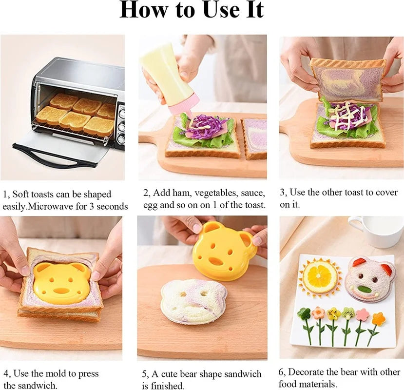 Mini Cartoon Sandwich Cutter and Sealer Set - Bear, Squirrel, and Sea Dog Bread Knife for Kids' Bento Lunch and Baking Fun