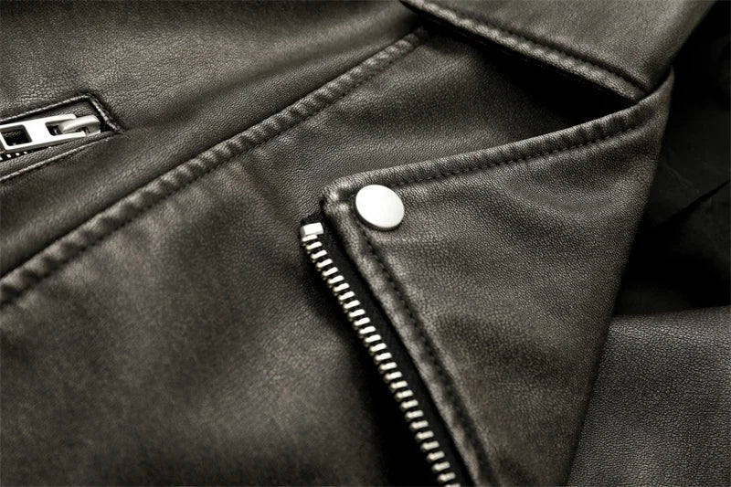 RARF 2024 Women's Washed Leather Jacket – Coal Gray Short Coat with Belt, Vintage Lapel & Zipper