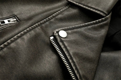 RARF 2024 Women's Washed Leather Jacket – Coal Gray Short Coat with Belt, Vintage Lapel & Zipper