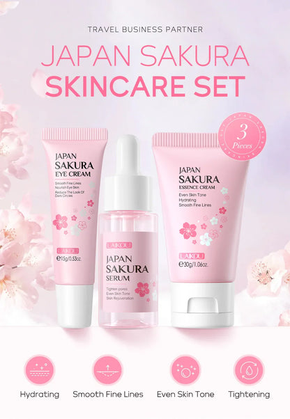 LAIKOU 3pcs Vitamin C & 24K Gold Sakura Skincare Set — Moisturizing Face Cream, Serum & Eye Cream, Anti-Wrinkle Face Care Kit