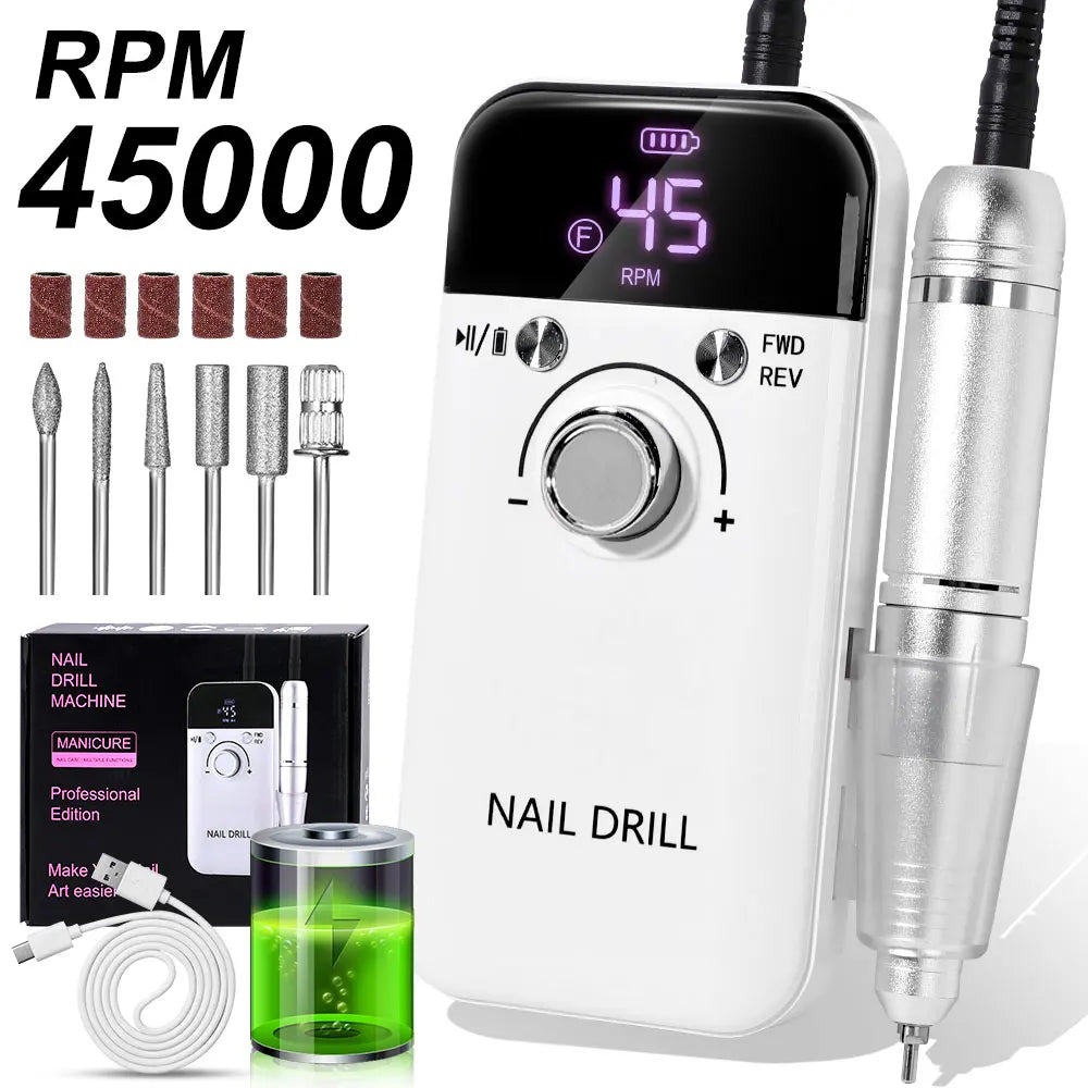 45000RPM Electric Nail Drill – Professional Rechargeable Nail File for Gel Nails, Portable Manicure Tool