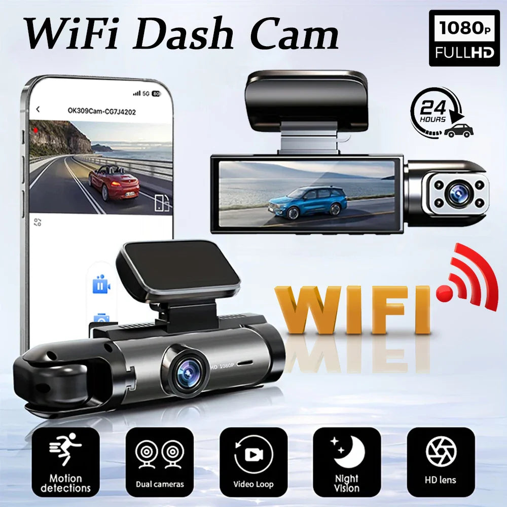 1080P WiFi Dual Camera Dash Cam — Front & Inside Car DVR with IR Night Vision, Loop Recording & Wide-Angle Lens