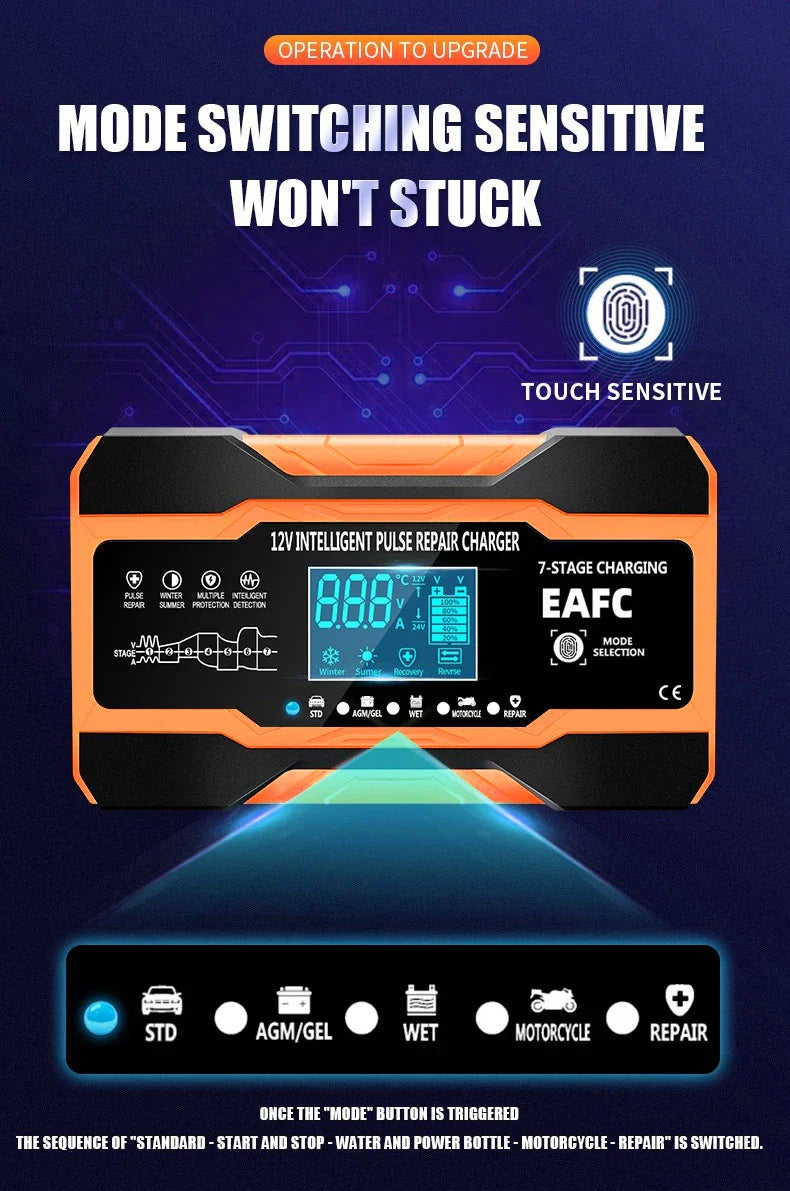 12V/24V Smart Battery Charger — 10A/12A Fast Charger with 7-Stage Pulse Repair for AGM, GEL, WET Lead-Acid Car Batteries