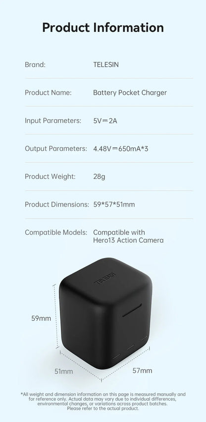 TELESIN 3-Slot Fast Battery Charger for GoPro Hero 13 – Portable Charging Dock for Action Camera Accessories