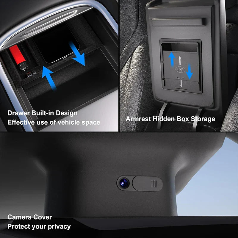 Tesla Model Y/3 Center Console Storage Box – Hidden Organizer Tray & Webcam Cover (2021–2024 Accessories)