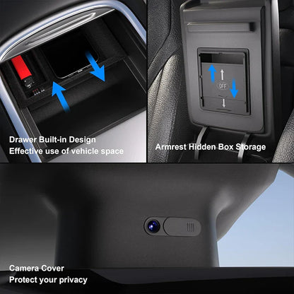 Tesla Model Y/3 Center Console Storage Box – Hidden Organizer Tray & Webcam Cover (2021–2024 Accessories)