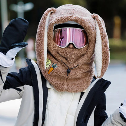 Winter Wool Ski Hat & Helmet Cover – Soft, Warm, Cute Cartoon Bunny Ears for Casual Skiing