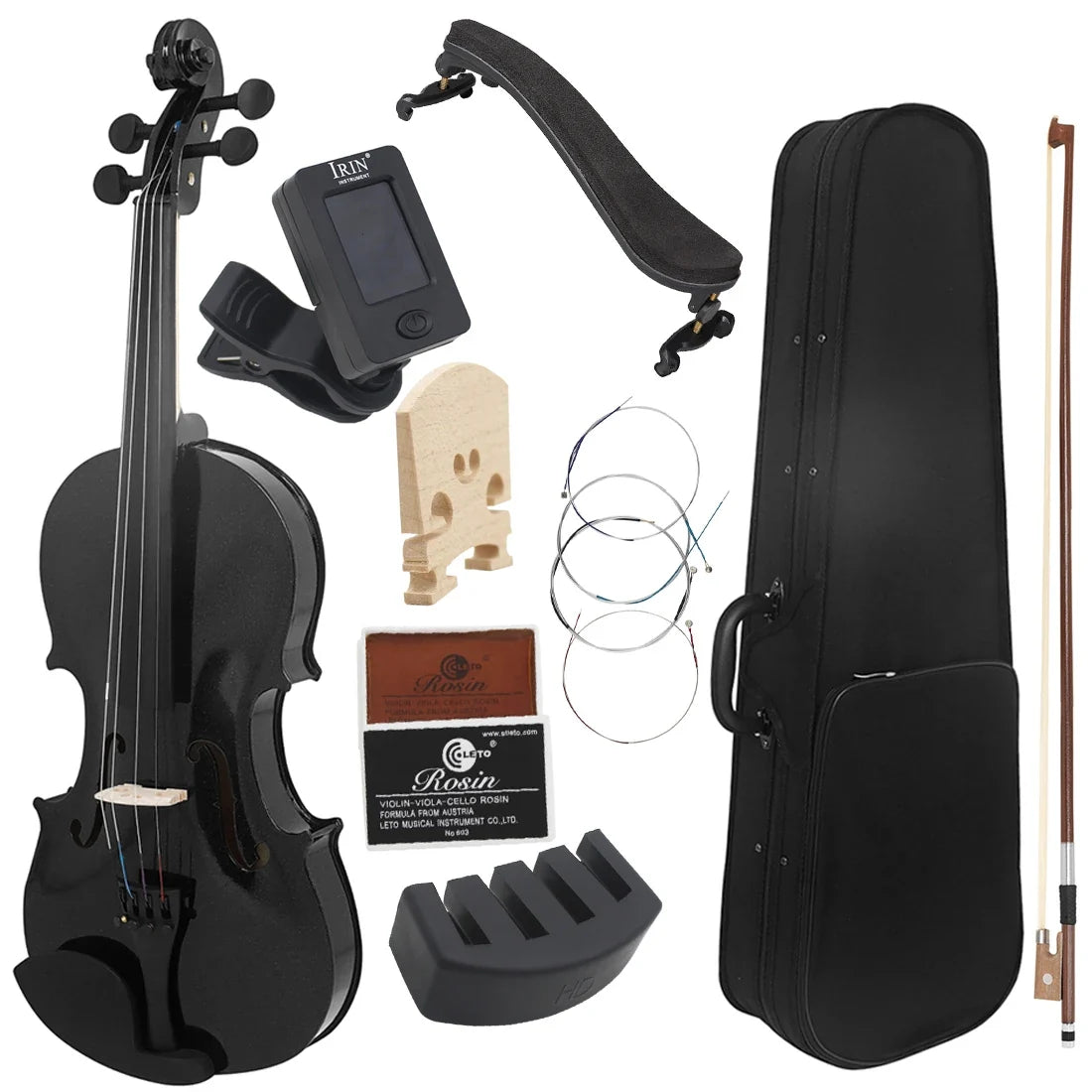 4/4 Full Size Violin - Solid Wood Black Acoustic Violin Set with Case, Bow, Rosin, Tuner, Strings & Shoulder Rest for Beginners