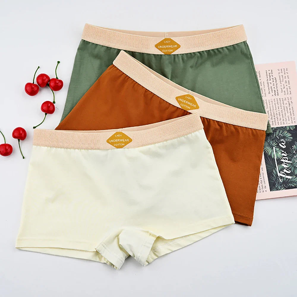 3PCS Women’s Cotton Boxer Underwear — Multicolor Solid Breathable Knit Panties, Soft High-Elastic Mid-Rise Boyshorts