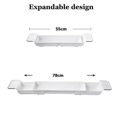 Expandable Bathtub Tray with Drain | Multifunctional Bathtub Shelf | Detachable PP Storage Organizer | Adjustable 55-78 CM