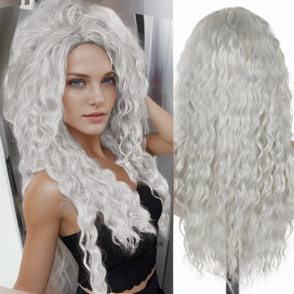 Ash Blonde Synthetic Wig – 26" Long Curly Ombre Hair, Fluffy Wave Wig for Women, Costume & Party Wig