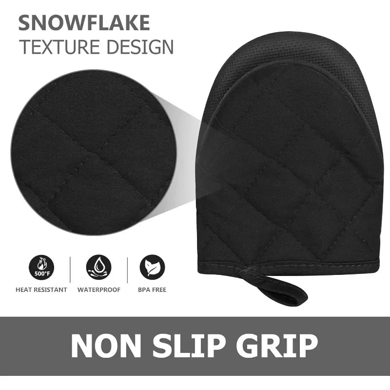 Short Silicone Oven Mitts – High Heat Resistant 500℉ Kitchen Gloves with Non-Slip Grip & Hanging Loop (Black)