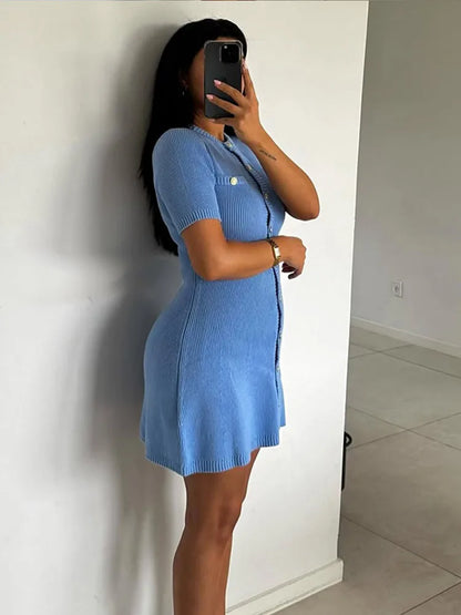 2025 New Women’s Knit Slim Mini Dress – Elegant Single-Breasted Solid Color Office & Daily Commuting Vestido