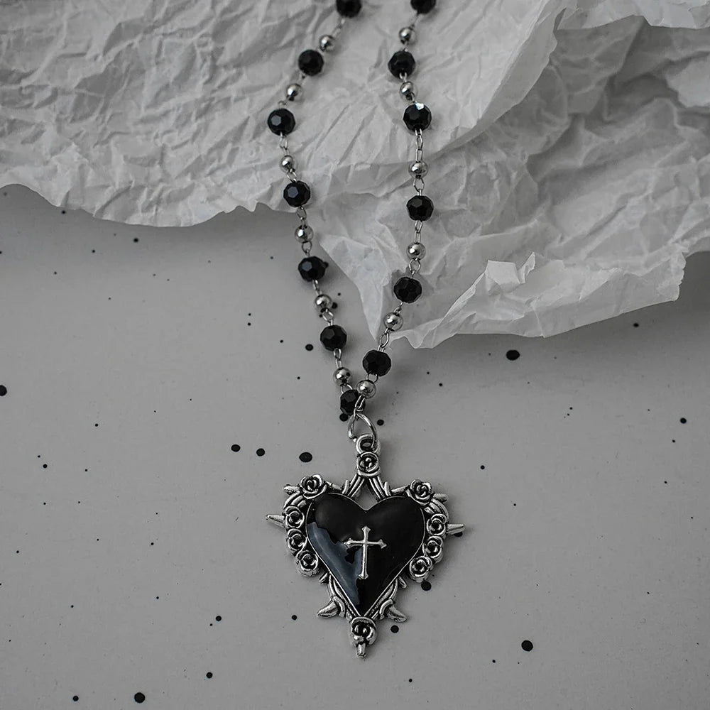 Gothic Bat Cross Necklace Set - Y2K Thorn Love Black Beaded Layered Jewelry for Halloween Parties