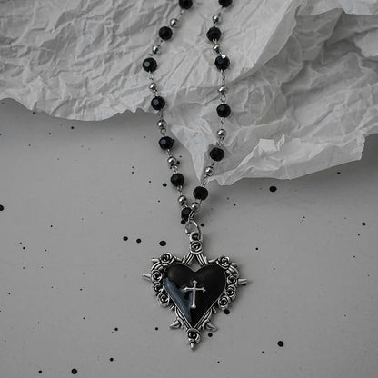 Gothic Bat Cross Necklace Set - Y2K Thorn Love Black Beaded Layered Jewelry for Halloween Parties