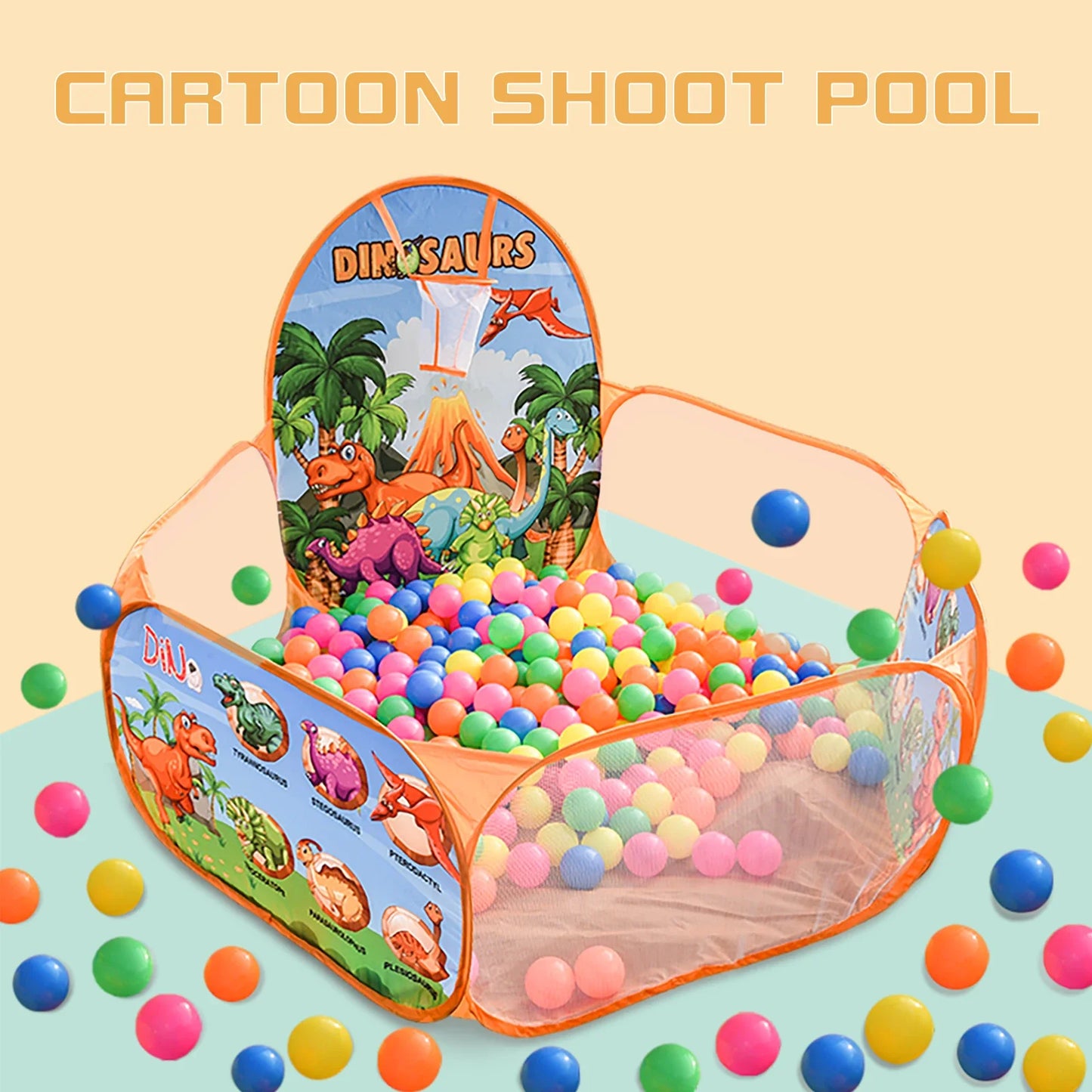 Cartoon Dinosaur Ball Pool Tent – Blue & Orange Foldable Indoor/Outdoor Play Tent for Kids (Balls Not Included)