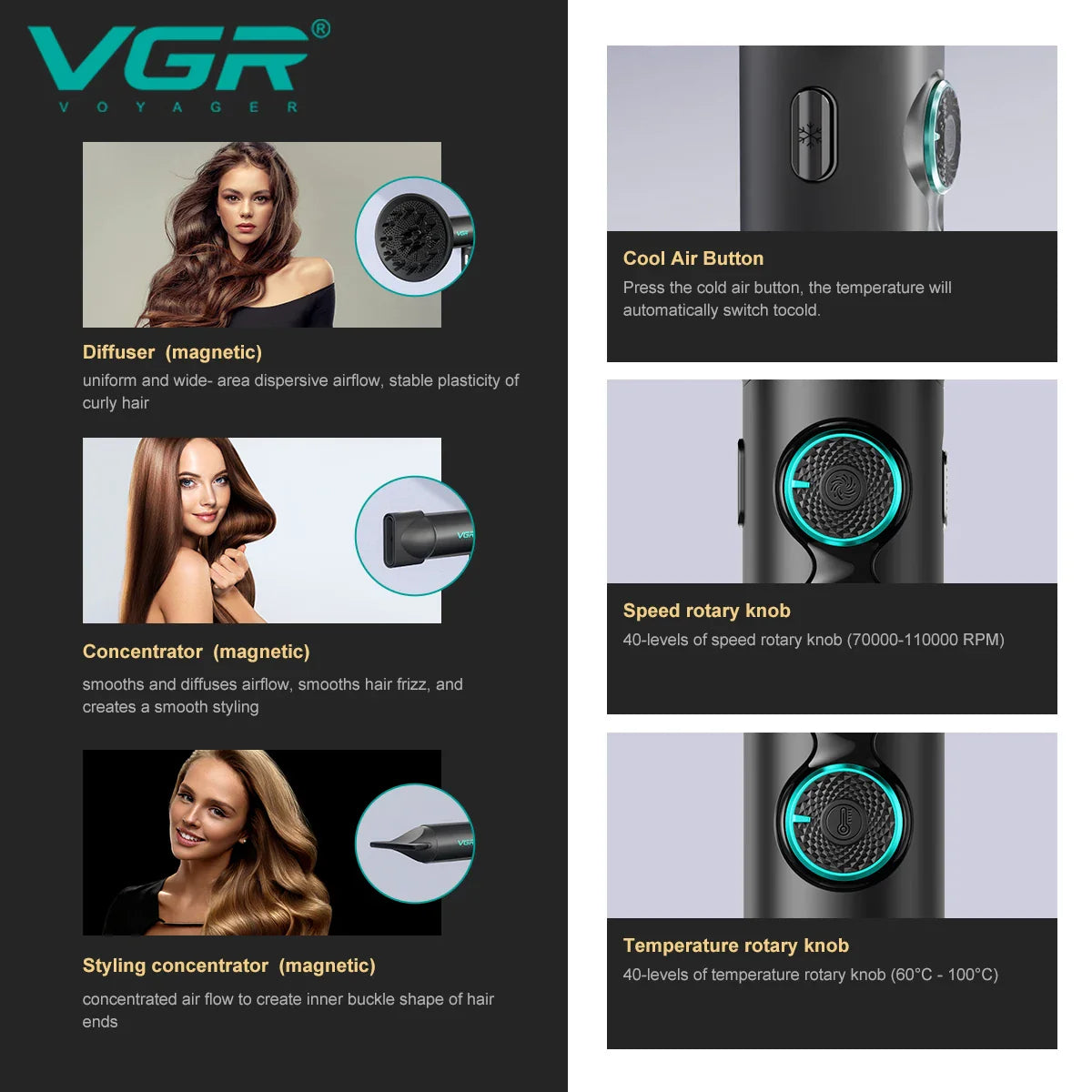 VGR Professional Hair Dryer V-401 — Hot & Cold Adjustment with Brushless Motor 110000 RPM